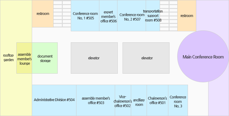 Storage, Conference room No. 3, Chairperson’s office #501, ancillary room, Vice-chairperson’s office #502, assembly member’s office #503, Administrative Division #504, Main Conference Room, elevator, elevator, data document storage, assembly member’s lounge, rooftop garden, broadcasting room, restroom, stairs, transportation support room #508, Conference room No. 2 #507, expert member’s office #506, Conference room No. 1 #505, stairs, restroom